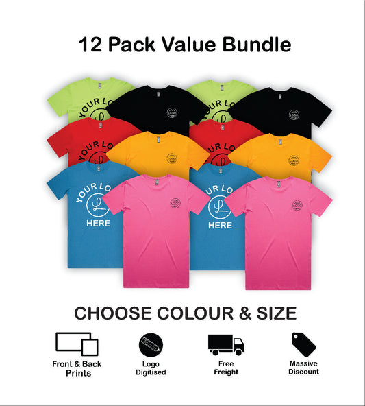 AS Colour Bundle – 12 x Staple Tees with: Logo, Printed Front, Back & Delivered