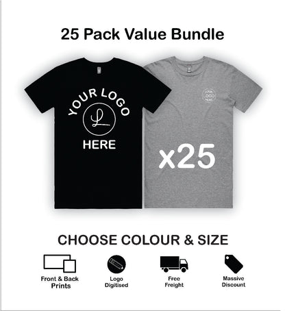 AS Colour Bundle – 25 x Staple Tees with: Logo, Printed Front, Back & Delivered