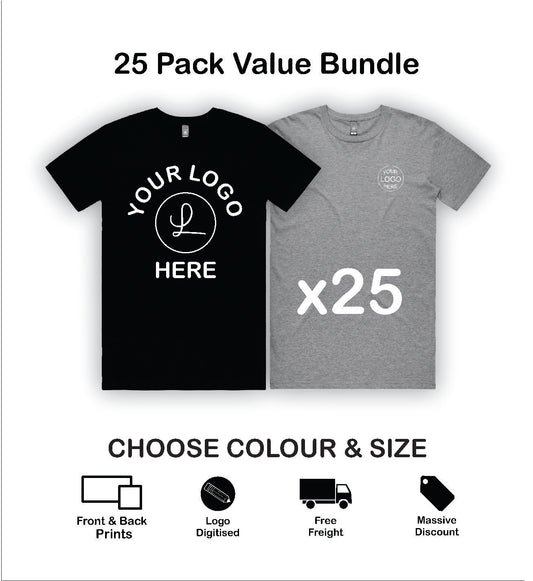 AS Colour Bundle – 25 x Staple Tees with: Logo, Printed Front, Back & Delivered